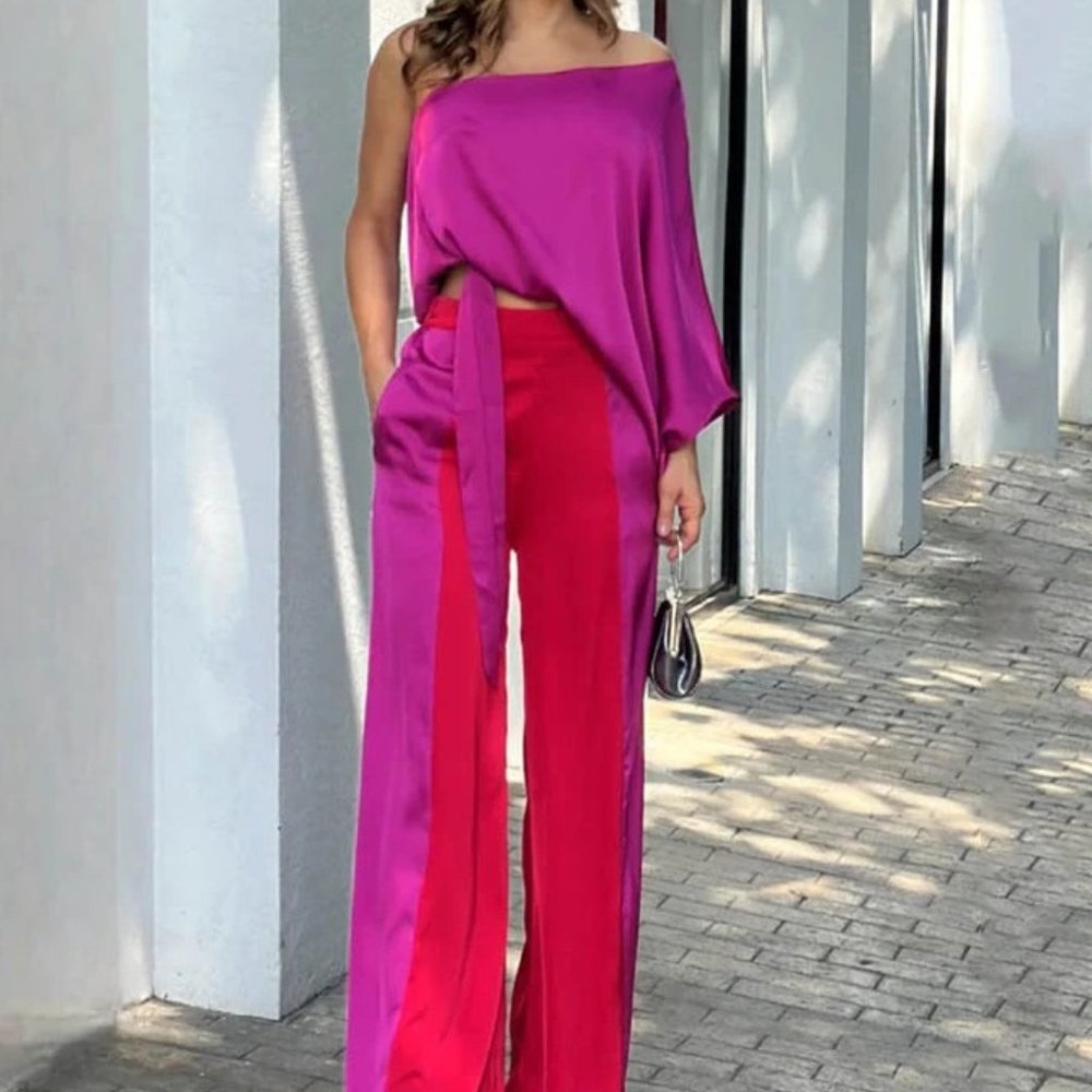 Women 2 piece One Shoulder Short Butterfly Sleeve Crop Top and wide leg Pant Set